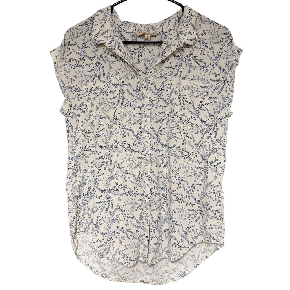 JACHS GIRLFRIEND NEW YORK Floral Cap Sleeve Blouse White Blue High Low Collared